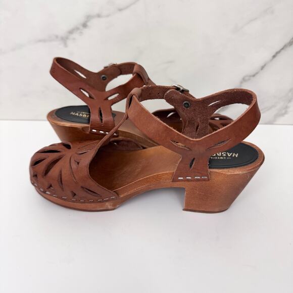 Swedish Hasbeens Women Lacy Sandal Size 36/ 6 Leather Cut Out Boho Neutral Brown - Picture 4 of 12